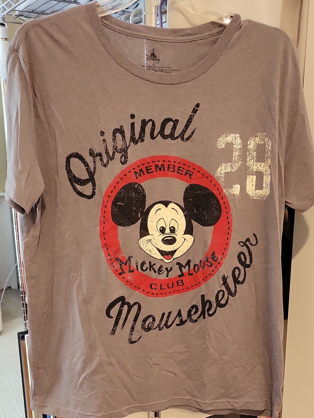 Disney Adult size XL Gray Tee with Red Mickey Graphic and Black Lettering